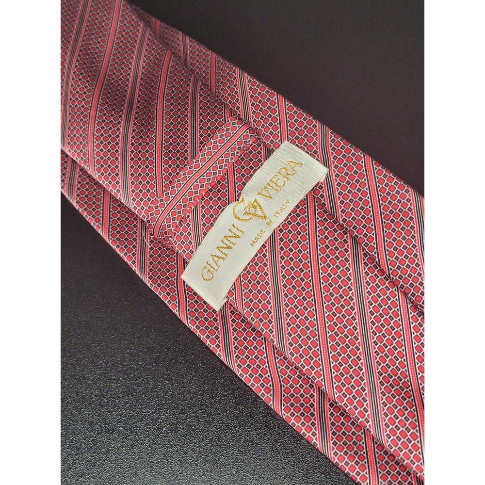 Gianni Viera Necktie Red Black Geometric Diagonal Stripe Made in Italy Excellent